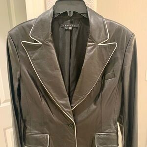 THEORY Black Leather Blazer with White Leather Trim.  Fully Lined